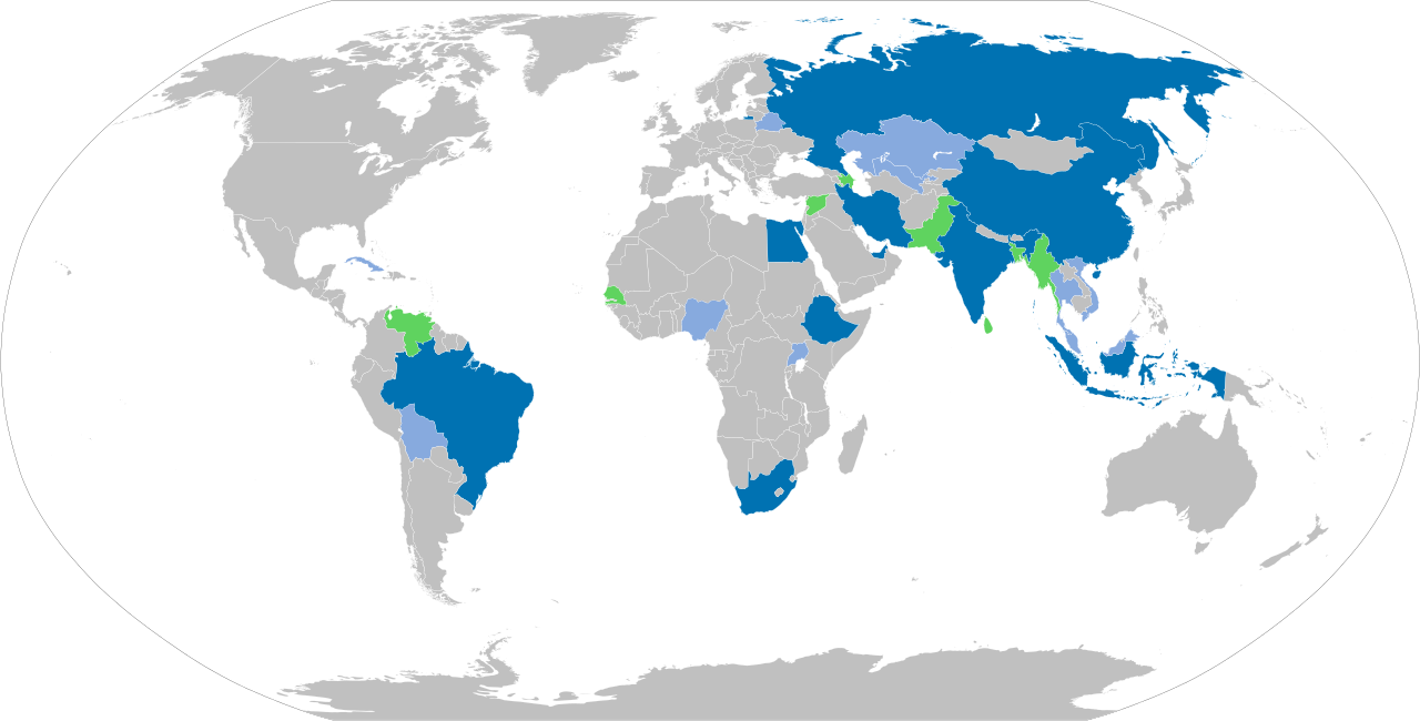 World map showing BRICS countries, partner nations, and applicants