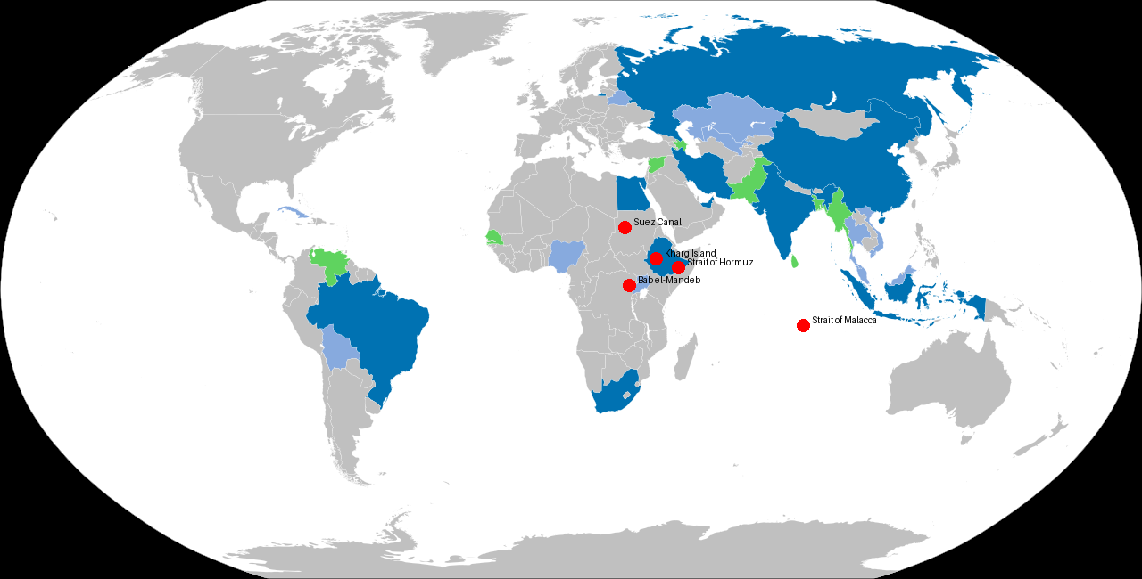 Map showing BRICS alignment and major energy chokepoints
